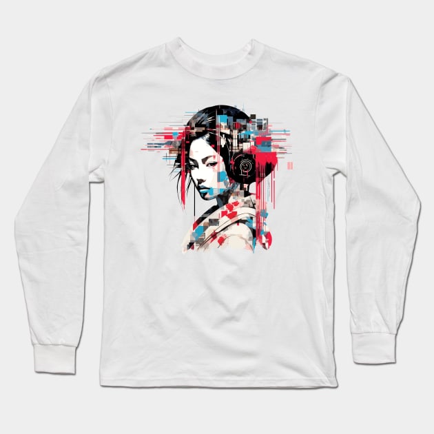 Japanese Woman Portrait Geisha Tradition Culture Abstract Long Sleeve T-Shirt by Cubebox